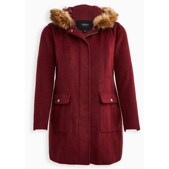 Torrid Wool Faux Fur Hooded Deep Red Zip Front Coat - Picture 1 of 16